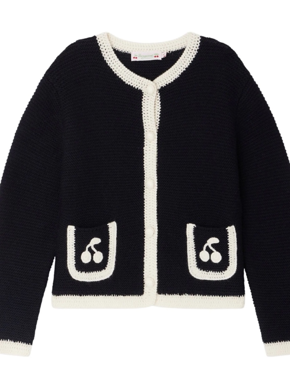 BONPOINT Black Knit Cardigan with Cream Trim and Cherry Pockets